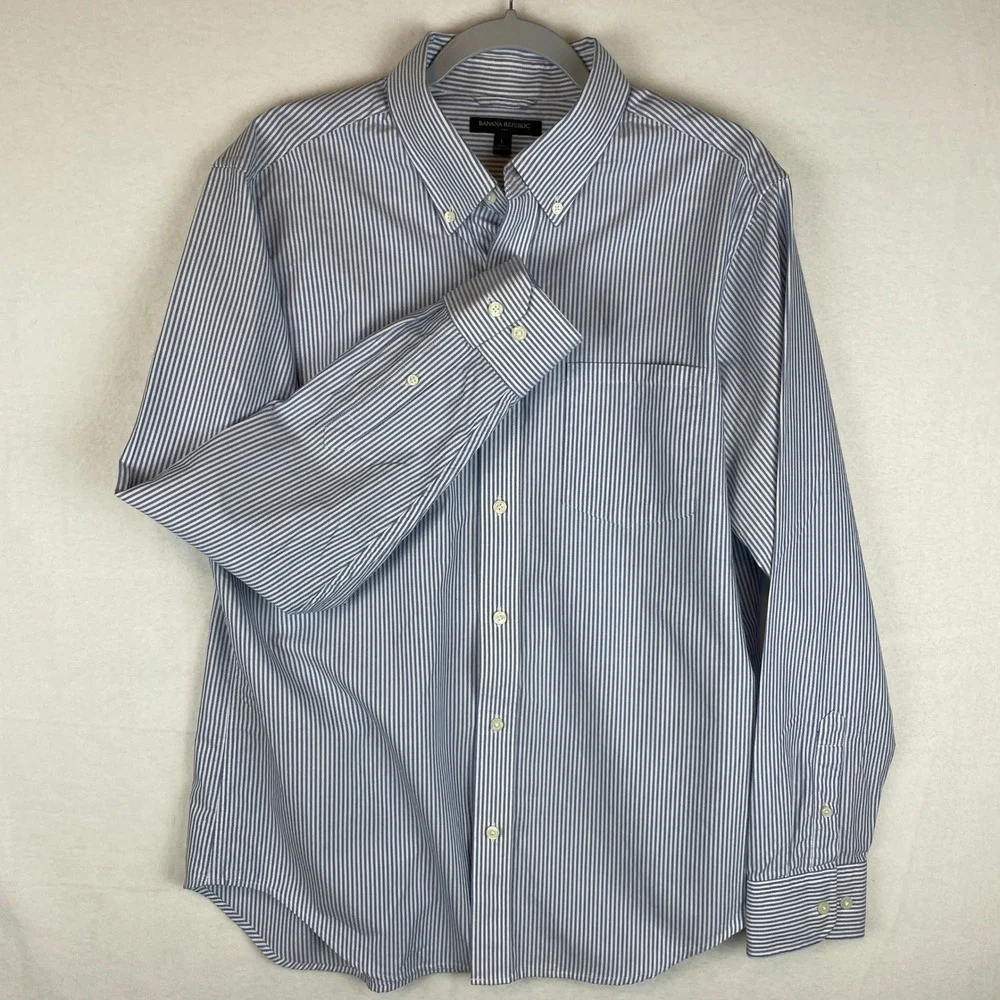 Banana Republic Mens L Blue White Striped‎ Button Down Shirt Long Sleeve Cotton